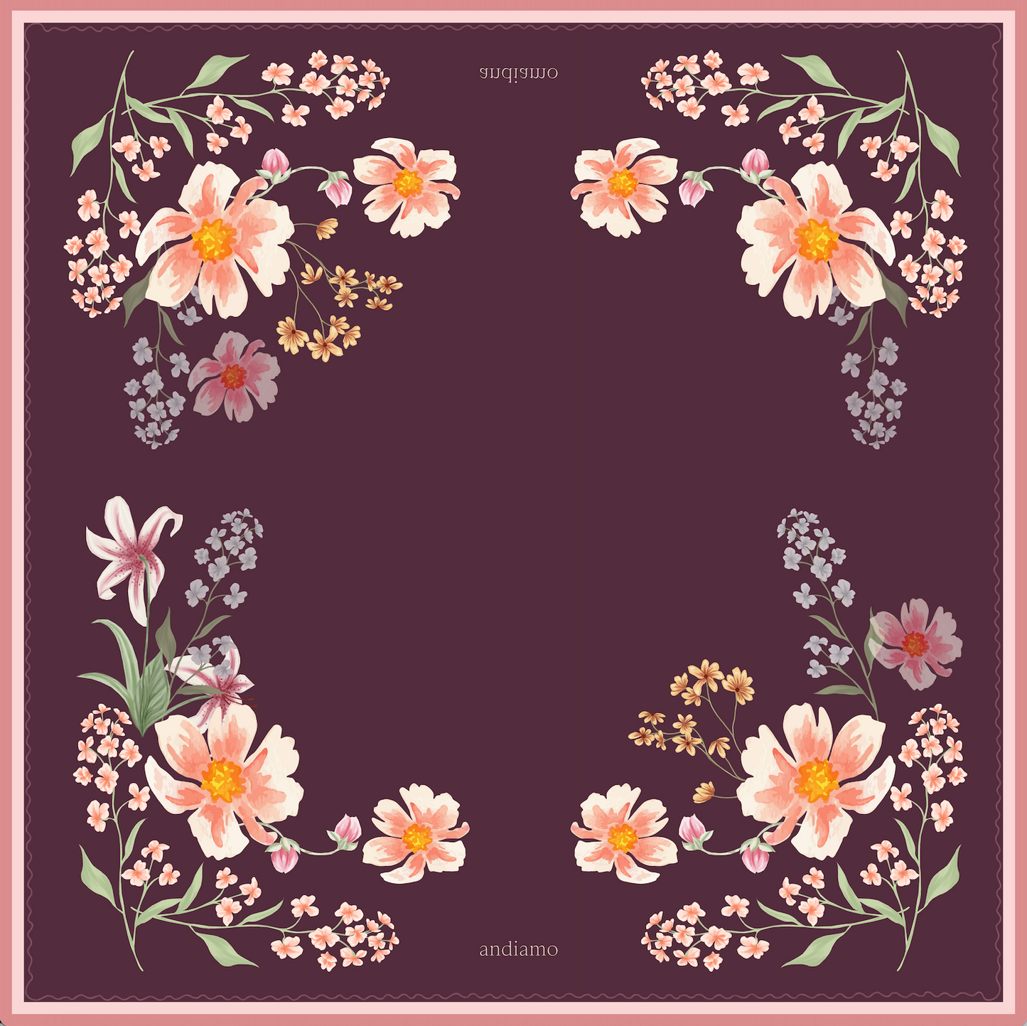 Floral pattern with pink flowers and green leaves on a dark purple background