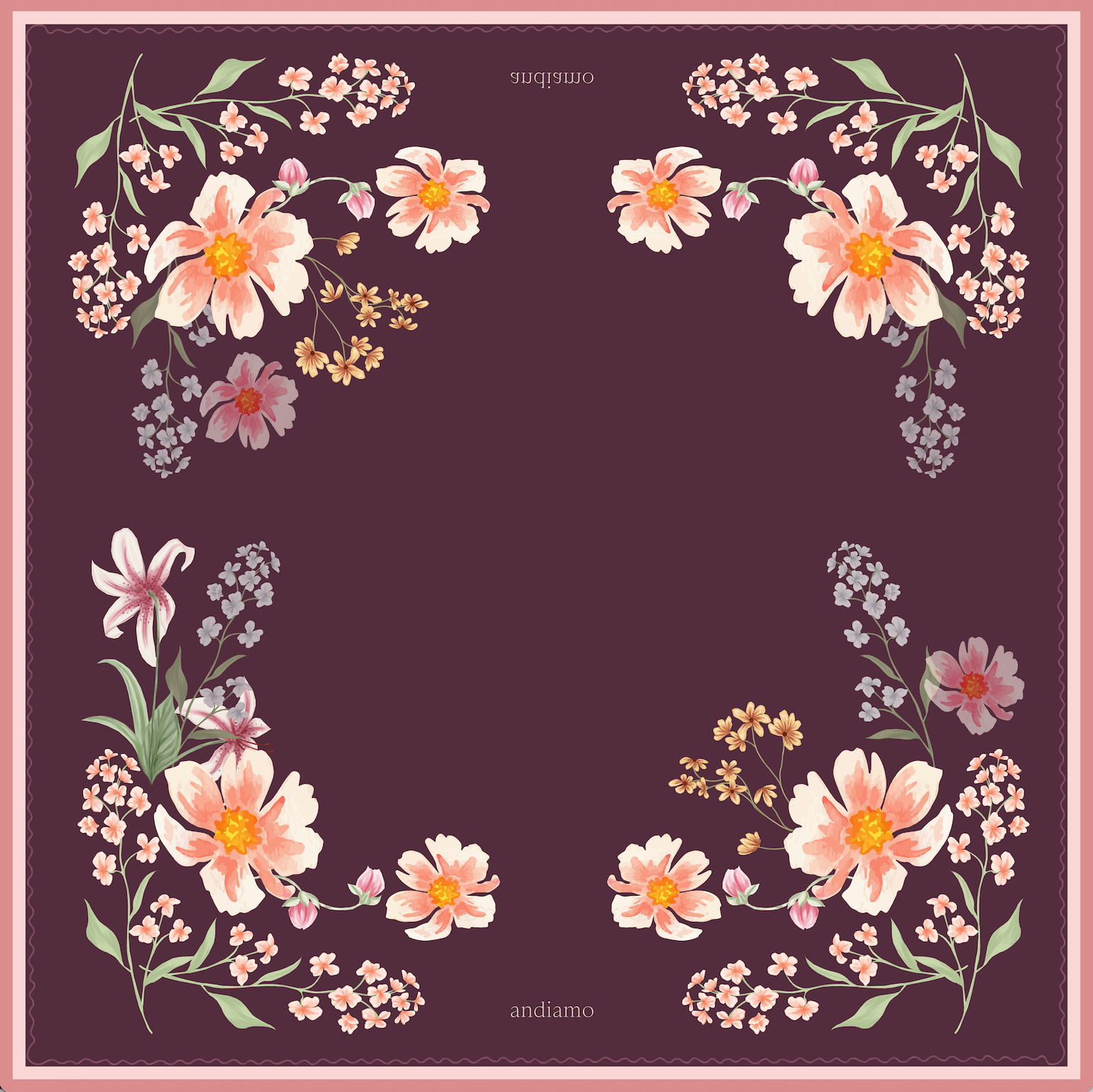 Floral pattern with pink flowers and green leaves on a dark purple background